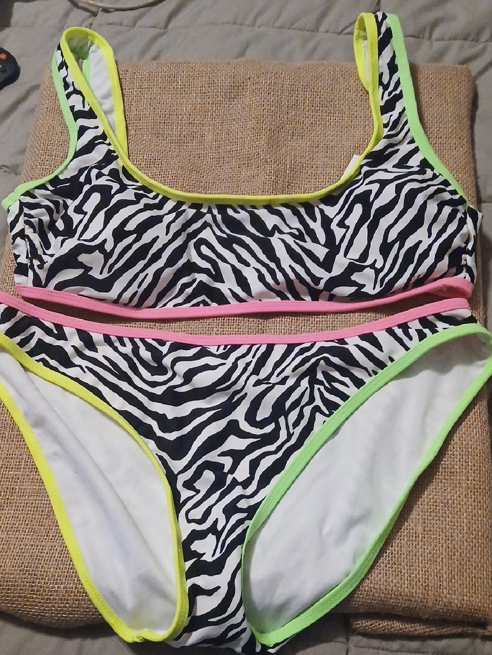 Zebra Print Two-Piece Swim Set with Neon Trim